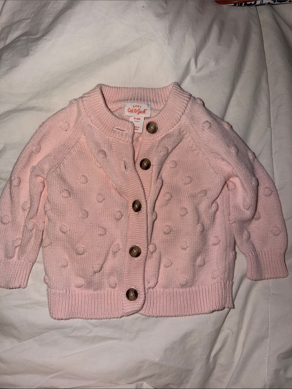 Cat & Jack Light Pink Pom-Pom Knit Cardigan Cute Baby Sweater Button Up